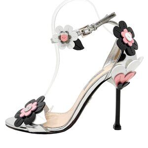 Prada Silver Floral Sandals 38 Patent Leather Heels Spring 2017 Runway Shoes